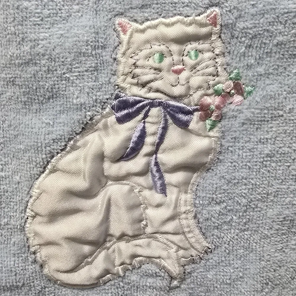 VTG Blue Terrycloth Towel Set Cat Kitten Satin Appliqué 3-Piece Royal‎ Pacific